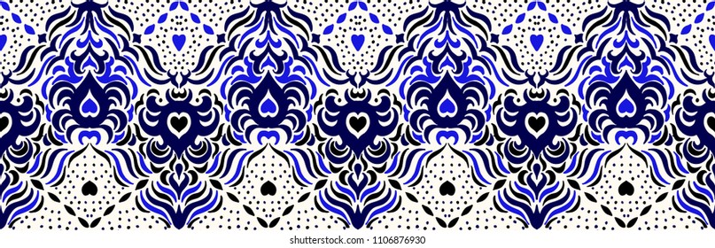 Ikat seamless pattern. Vector tie dye shibori print with stripes and chevron. Ink textured japanese background. Ethnic fabric vector. Bohemian fashion. Endless watercolor texture. African rug.