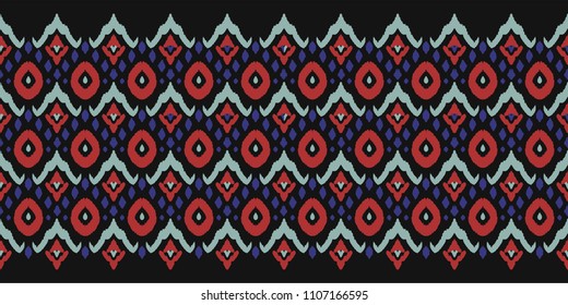 Ikat seamless pattern. Vector tie dye shibori print with stripes and chevron. Ink textured japanese background. Ethnic fabric vector. Bohemian fashion. Endless watercolor texture. African rug.