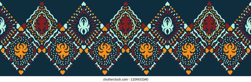 Ikat seamless pattern. Vector tie dye shibori print with stripes and chevron. Ink textured japanese background. Ethnic fabric vector. Bohemian fashion. Endless watercolor texture. African rug.