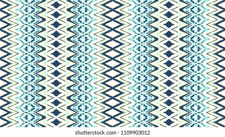 Ikat seamless pattern. Vector tie dye shibori print with stripes and chevron. Ink textured japanese background. Ethnic fabric vector. Bohemian fashion. Endless watercolor texture. African rug.