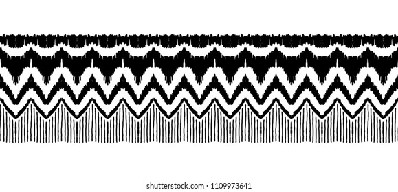 Ikat seamless pattern. Vector tie dye shibori print with stripes and chevron. Ink textured japanese background. Ethnic fabric vector. Bohemian fashion. Endless watercolor texture. African rug.