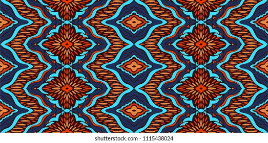 Ikat seamless pattern. Vector tie dye shibori print with stripes and chevron. Ink textured japanese background. Ethnic fabric vector. Bohemian fashion. Endless watercolor texture. African rug.