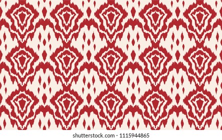 Ikat seamless pattern. Vector tie dye shibori print with stripes and chevron. Ink textured japanese background. Ethnic fabric vector. Bohemian fashion. Endless watercolor texture. African rug.