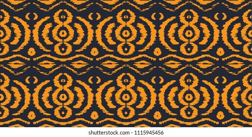 Ikat seamless pattern. Vector tie dye shibori print with stripes and chevron. Ink textured japanese background. Ethnic fabric vector. Bohemian fashion. Endless watercolor texture. African rug.