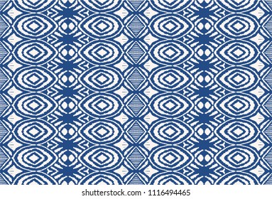 Ikat seamless pattern. Vector tie dye shibori print with stripes and chevron. Ink textured japanese background. Ethnic fabric vector. Bohemian fashion. Endless watercolor texture. African rug.