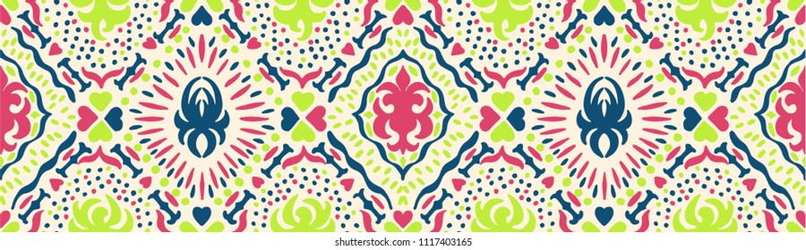 Ikat seamless pattern. Vector tie dye shibori print with stripes and chevron. Ink textured japanese background. Ethnic fabric vector. Bohemian fashion. Endless watercolor texture. African rug.
