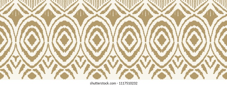Ikat seamless pattern. Vector tie dye shibori print with stripes and chevron. Ink textured japanese background. Ethnic fabric vector. Bohemian fashion. Endless watercolor texture. African rug.