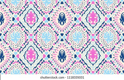 Ikat seamless pattern. Vector tie dye shibori print with stripes and chevron. Ink textured japanese background. Ethnic fabric vector. Bohemian fashion. Endless watercolor texture. African rug.