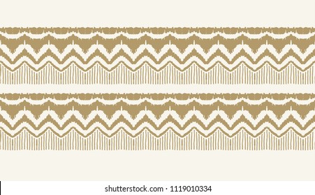 Ikat seamless pattern. Vector tie dye shibori print with stripes and chevron. Ink textured japanese background. Ethnic fabric vector. Bohemian fashion. Endless watercolor texture. African rug.