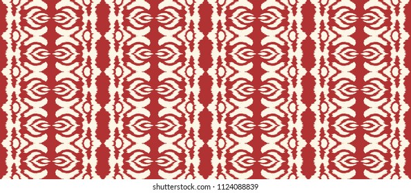 Ikat seamless pattern. Vector tie dye shibori print with stripes and chevron. Ink textured japanese background. Ethnic fabric vector. Bohemian fashion. Endless watercolor texture. African rug.