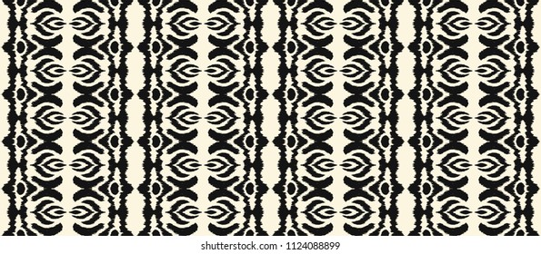 Ikat seamless pattern. Vector tie dye shibori print with stripes and chevron. Ink textured japanese background. Ethnic fabric vector. Bohemian fashion. Endless watercolor texture. African rug.