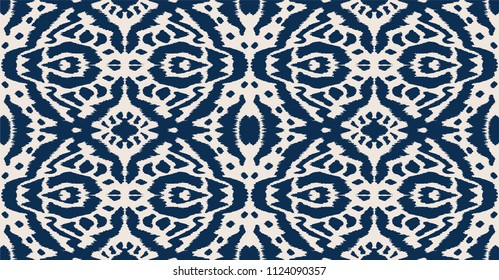 Ikat seamless pattern. Vector tie dye shibori print with stripes and chevron. Ink textured japanese background. Ethnic fabric vector. Bohemian fashion. Endless watercolor texture. African rug.