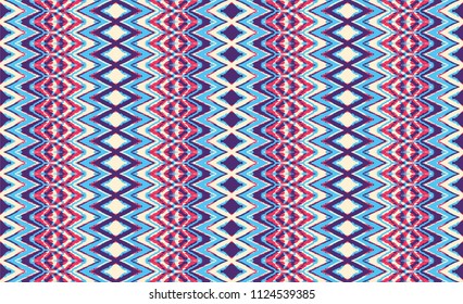 Ikat seamless pattern. Vector tie dye shibori print with stripes and chevron. Ink textured japanese background. Ethnic fabric vector. Bohemian fashion. Endless watercolor texture. African rug.