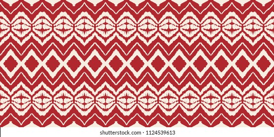 Ikat seamless pattern. Vector tie dye shibori print with stripes and chevron. Ink textured japanese background. Ethnic fabric vector. Bohemian fashion. Endless watercolor texture. African rug.