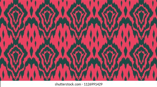 Ikat seamless pattern. Vector tie dye shibori print with stripes and chevron. Ink textured japanese background. Ethnic fabric vector. Bohemian fashion. Endless watercolor texture. African rug.