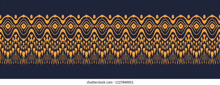 Ikat seamless pattern. Vector tie dye  shibori print with stripes and chevron. Ink textured japanese background.  Ethnic fabric vector. Bohemian fashion. Endless watercolor texture. African rug.