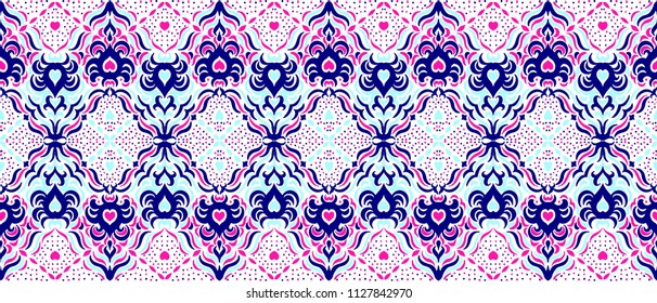 Ikat seamless pattern. Vector tie dye shibori print with stripes and chevron. Ink textured japanese background. Ethnic fabric vector. Bohemian fashion. Endless watercolor texture. African rug.