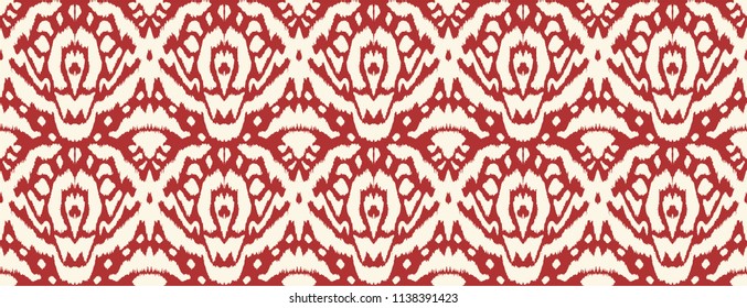 Ikat seamless pattern. Vector tie dye shibori print with stripes and chevron. Ink textured japanese background. Ethnic fabric vector. Bohemian fashion. Endless watercolor texture. African rug.