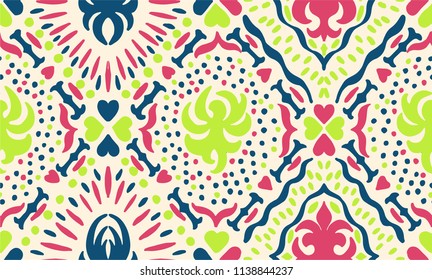 Ikat seamless pattern. Vector tie dye shibori print with stripes and chevron. Ink textured japanese background. Ethnic fabric vector. Bohemian fashion. Endless watercolor texture. African rug.