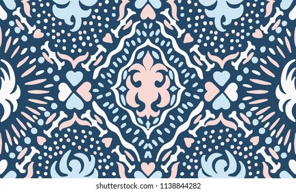 Ikat seamless pattern. Vector tie dye shibori print with stripes and chevron. Ink textured japanese background. Ethnic fabric vector. Bohemian fashion. Endless watercolor texture. African rug.