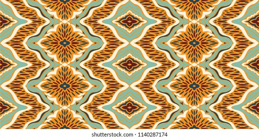 Ikat seamless pattern. Vector tie dye shibori print with stripes and chevron. Ink textured japanese background. Ethnic fabric vector. Bohemian fashion. Endless watercolor texture. African rug.