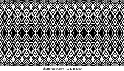 Ikat seamless pattern. Vector tie dye shibori print with stripes and chevron. Ink textured japanese background. Ethnic fabric vector. Bohemian fashion. Endless watercolor texture. African rug.