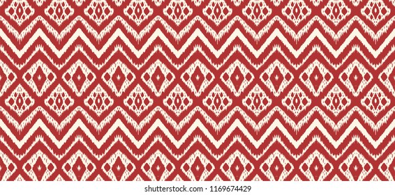 Ikat seamless pattern. Vector tie dye shibori print with stripes and chevron. Ink textured japanese background. Ethnic fabric vector. Bohemian fashion. Endless watercolor texture. African rug.