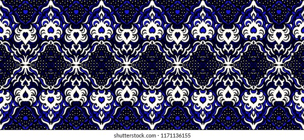 Ikat seamless pattern. Vector tie dye shibori print with stripes and chevron. Ink textured japanese background. Ethnic fabric vector. Bohemian fashion. Endless watercolor texture. African rug.