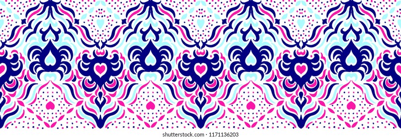 Ikat seamless pattern. Vector tie dye shibori print with stripes and chevron. Ink textured japanese background. Ethnic fabric vector. Bohemian fashion. Endless watercolor texture. African rug.