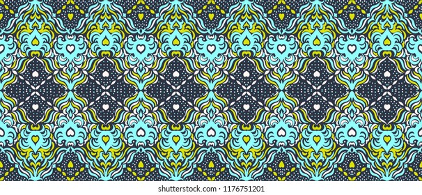 Ikat seamless pattern. Vector tie dye shibori print with stripes and chevron. Ink textured japanese background. Ethnic fabric vector. Bohemian fashion. Endless watercolor texture. African rug.