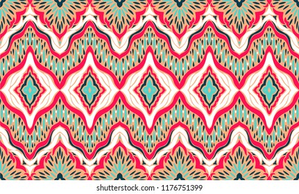 Ikat seamless pattern. Vector tie dye shibori print with stripes and chevron. Ink textured japanese background. Ethnic fabric vector. Bohemian fashion. Endless watercolor texture. African rug.