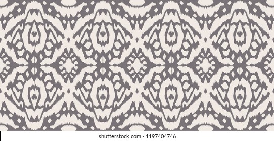 Ikat seamless pattern. Vector tie dye shibori print with stripes and chevron. Ink textured japanese background. Ethnic fabric vector. Bohemian fashion. Endless watercolor texture. African rug.