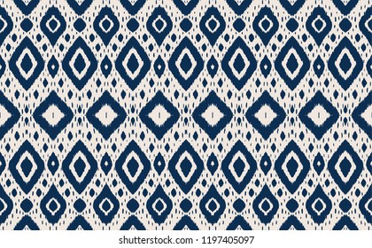 Ikat seamless pattern. Vector tie dye shibori print with stripes and chevron. Ink textured japanese background. Ethnic fabric vector. Bohemian fashion. Endless watercolor texture. African rug.