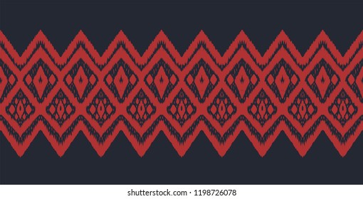 Ikat seamless pattern. Vector tie dye shibori print with stripes and chevron. Ink textured japanese background. Ethnic fabric vector. Bohemian fashion. Endless watercolor texture. African rug.