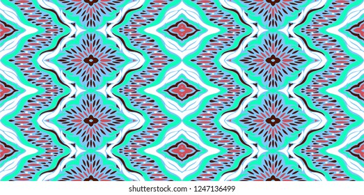 Ikat seamless pattern. Vector tie dye shibori print with stripes and chevron. Ink textured japanese background. Ethnic fabric vector. Bohemian fashion. Endless watercolor texture. African rug.