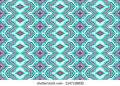 Ikat seamless pattern. Vector tie dye shibori print with stripes and chevron. Ink textured japanese background. Ethnic fabric vector. Bohemian fashion. Endless watercolor texture. African rug.