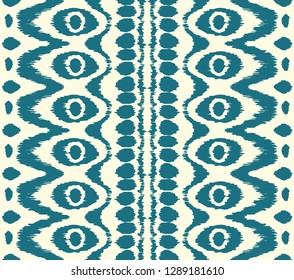 Ikat seamless pattern. Vector tie dye shibori print with stripes and chevron. Ink textured japanese background. Ethnic fabric vector. Bohemian fashion. Endless watercolor texture. African rug.