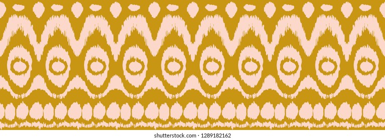 Ikat seamless pattern. Vector tie dye shibori print with stripes and chevron. Ink textured japanese background. Ethnic fabric vector. Bohemian fashion. Endless watercolor texture. African rug.