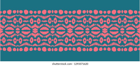 Ikat seamless pattern. Vector tie dye shibori print with stripes and chevron. Ink textured japanese background. Ethnic fabric vector. Bohemian fashion. Endless watercolor texture. African rug.