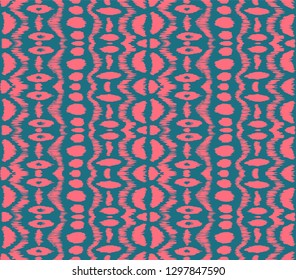 Ikat seamless pattern. Vector tie dye shibori print with stripes and chevron. Ink textured japanese background. Ethnic fabric vector. Bohemian fashion. Endless watercolor texture. African rug.