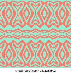 Ikat seamless pattern. Vector tie dye shibori print with stripes and chevron. Ink textured japanese background. Ethnic fabric vector. Bohemian fashion. Endless watercolor texture. African rug.