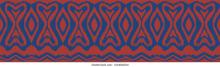 Ikat seamless pattern. Vector tie dye shibori print with stripes and chevron. Ink textured japanese background. Ethnic fabric vector. Bohemian fashion. Endless watercolor texture. African rug.