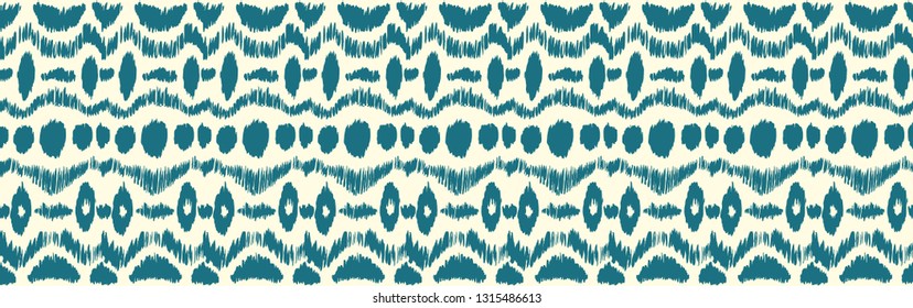 Ikat seamless pattern. Vector tie dye shibori print with stripes and chevron. Ink textured japanese background. Ethnic fabric vector. Bohemian fashion. Endless watercolor texture. African rug.