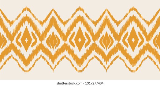 Ikat seamless pattern. Vector tie dye shibori print with stripes and chevron. Ink textured japanese background. Ethnic fabric vector. Bohemian fashion. Endless watercolor texture. African rug.
