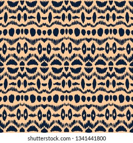 Ikat seamless pattern. Vector tie dye shibori print with stripes and chevron. Ink textured japanese background. Ethnic fabric vector. Bohemian fashion. Endless watercolor texture. African rug.