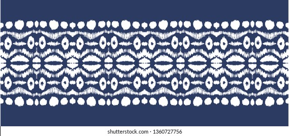 Ikat seamless pattern. Vector tie dye shibori print with stripes and chevron. Ink textured japanese background. Ethnic fabric vector. Bohemian fashion. Endless watercolor texture. African rug.