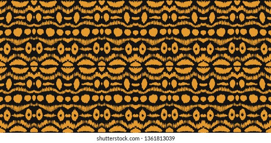 Ikat seamless pattern. Vector tie dye shibori print with stripes and chevron. Ink textured japanese background. Ethnic fabric vector. Bohemian fashion. Endless watercolor texture. African rug.