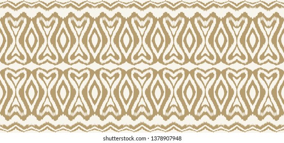 Ikat seamless pattern. Vector tie dye shibori print with stripes and chevron. Ink textured japanese background. Ethnic fabric vector. Bohemian fashion. Endless watercolor texture. African rug.