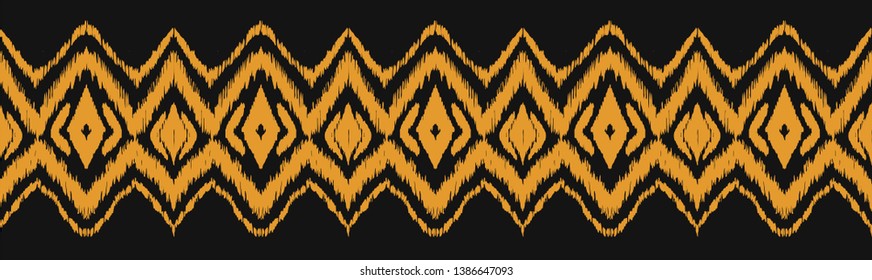 Ikat seamless pattern. Vector tie dye shibori print with stripes and chevron. Ink textured japanese background. Ethnic fabric vector. Bohemian fashion. Endless watercolor texture. African rug.