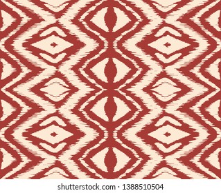 Ikat seamless pattern. Vector tie dye shibori print with stripes and chevron. Ink textured japanese background. Ethnic fabric vector. Bohemian fashion. Endless watercolor texture. African rug.